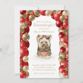 スウィートヨークシャーテリア2キュート赤金ゴールドバルーン誕生日 招待状 (正面)