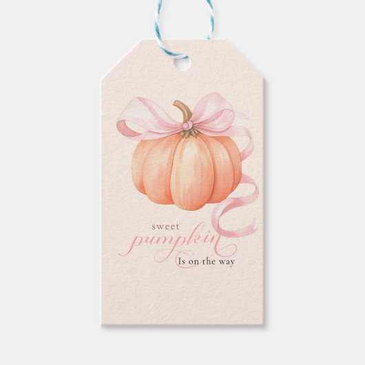 スウィートリトルカボチャのピンクの弓が途中にある ギフトタグ (正面)