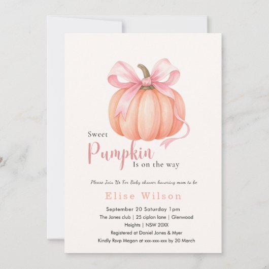 スウィートリトルカボチャのピンクの弓が途中にある 招待状 (正面)