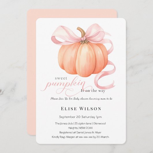 スウィートリトルカボチャのピンクの弓が途中にある 招待状 (正面/裏面)