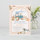 スウィートリトルカボチャ秋ギンガムアーチベビーシャワー 招待状 (スタンド正面)