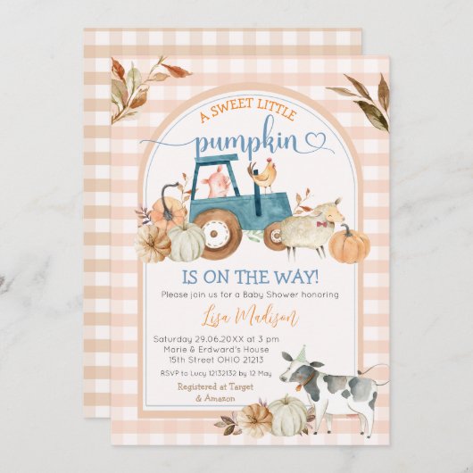 スウィートリトルカボチャ秋ギンガムアーチベビーシャワー 招待状 (正面/裏面)