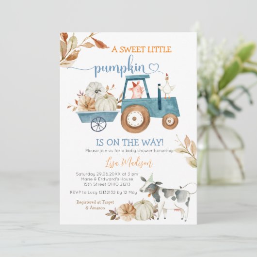 スウィートリトルカボチャ秋ファームアニマルベビーシャワー 招待状 (スタンド正面)