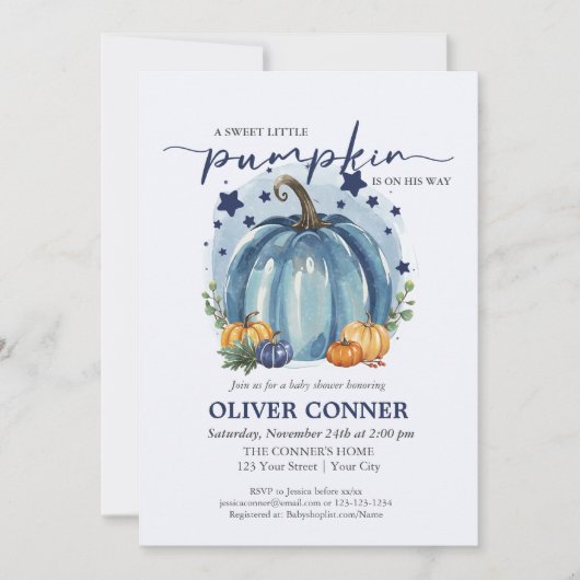 スウィートリトルカボチャ秋秋の男の子ベビーシャワー 招待状 (正面)