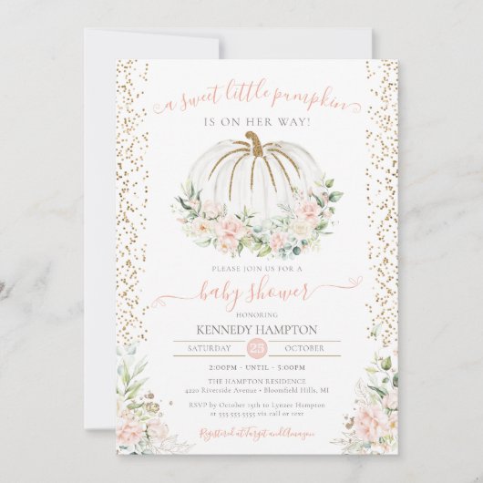 スウィートリトルカボチャ、ピンク秋秋の赤ちゃんシャワー 招待状 (正面)