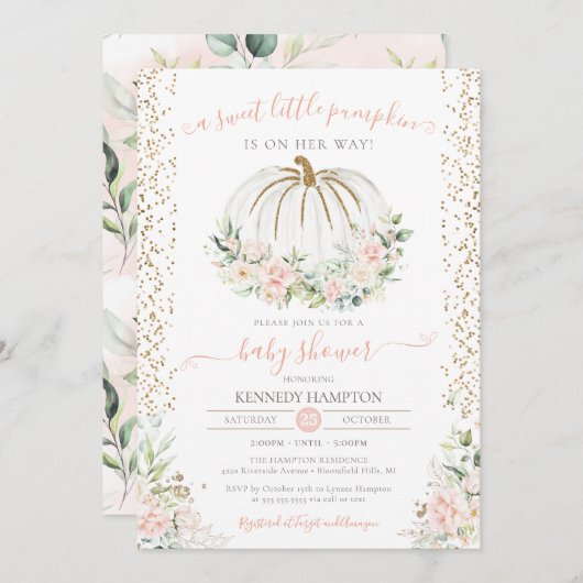 スウィートリトルカボチャ、ピンク秋秋の赤ちゃんシャワー 招待状 (正面/裏面)
