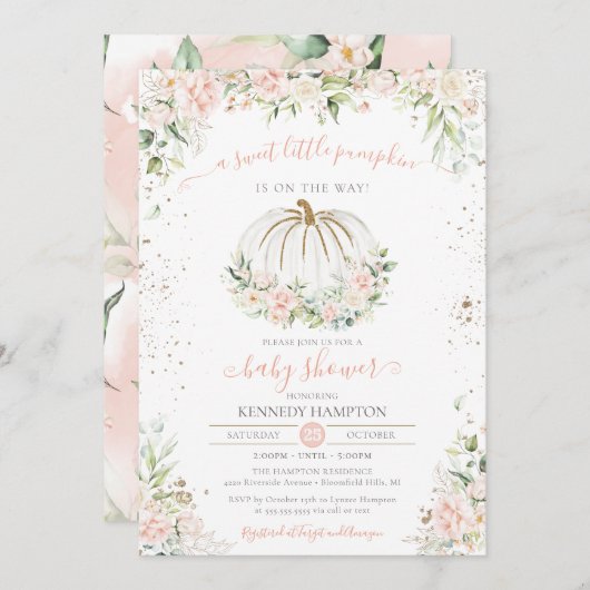 スウィートリトルカボチャ、ピンク秋秋の赤ちゃんシャワー 招待状 (正面/裏面)
