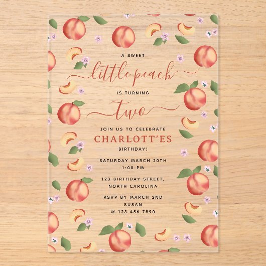 スウィートリトルピーチ子供の誕生日パーティー アクリル招待状 (正面)