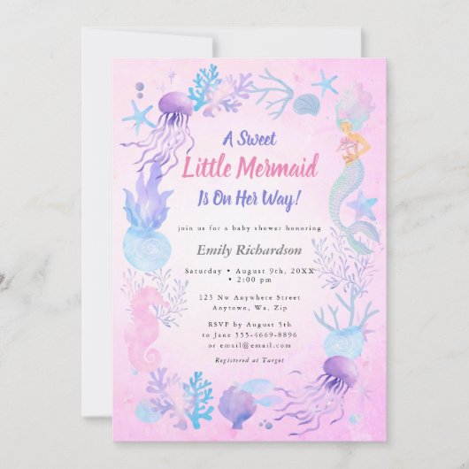 スウィートリトルマーメイド パステルガール ベビーシャワー 招待状 (正面)