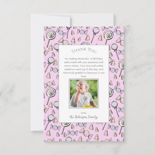 スウィートリトルワン キャンディーテーマ 1歳誕生日 サンキューカード (正面)