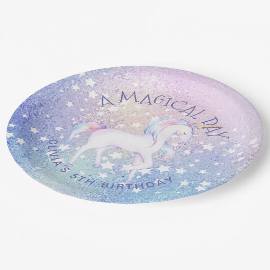 スウィートレインボーユニコーンきらびやかな誕生日パーティーの名前 ペーパープレート (アングル)