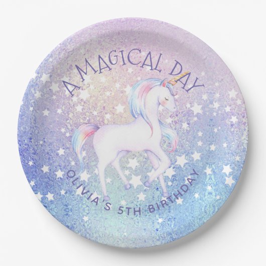 スウィートレインボーユニコーンきらびやかな誕生日パーティーの名前 ペーパープレート (正面)