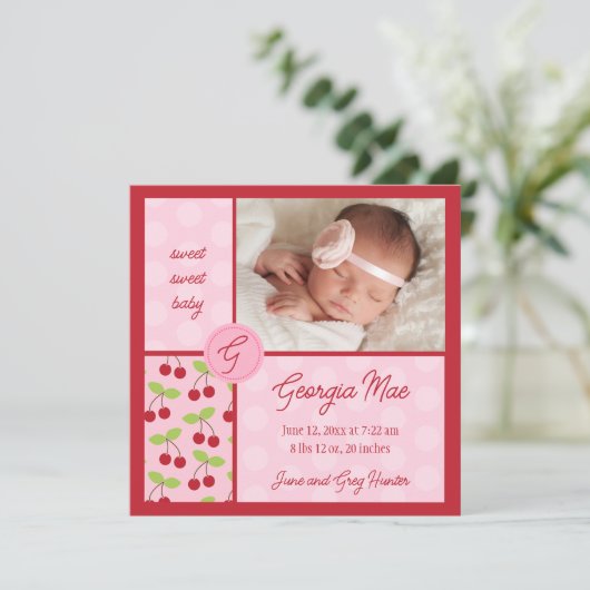 スウィートレッドさくらんぼベビーガール誕生のお知らせ 案内状