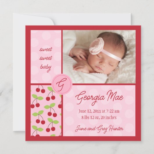 スウィートレッドさくらんぼベビーガール誕生のお知らせ 案内状 (正面)