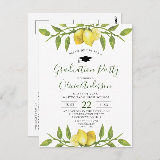 スウィートレモンズグリーンリー卒業パーティー招待状 ポストカード (正面/裏面)