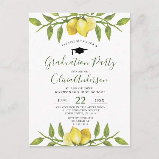 スウィートレモンズグリーンリー卒業パーティー招待状 ポストカード (正面)