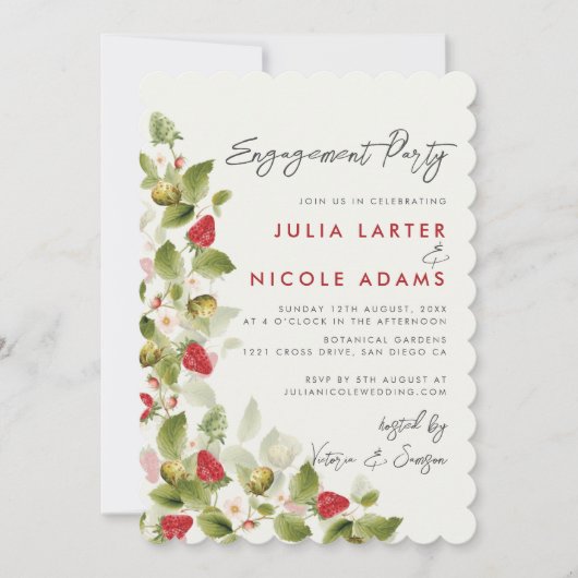スウィートワイルドフラワーストロベリー婚約パーティ 招待状 (正面)