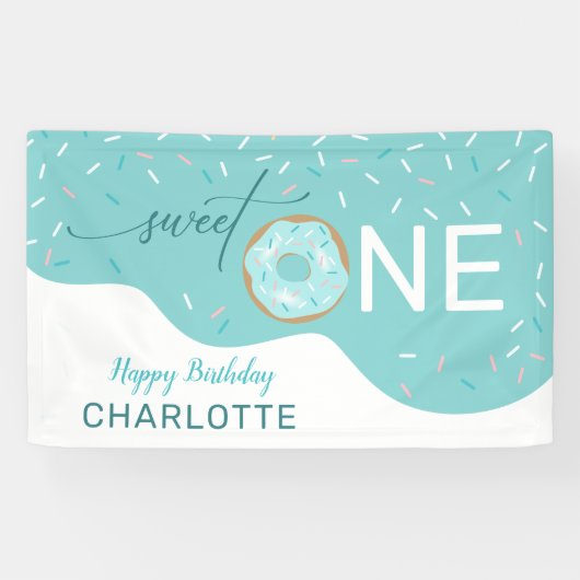 スウィートワンかわいいティール(緑がかった色)ガールの第1バースデーバナー 横断幕 (横)