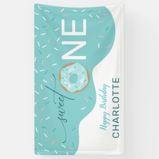 スウィートワンかわいいティール（緑がかった色）ガールの第1バースデーバナー 横断幕 (縦)