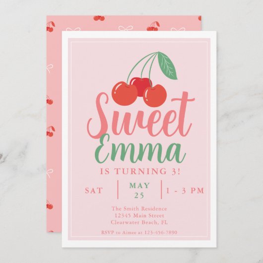 スウィートワンさくらんぼ3rd誕生日招待状 招待状 (正面/裏面)