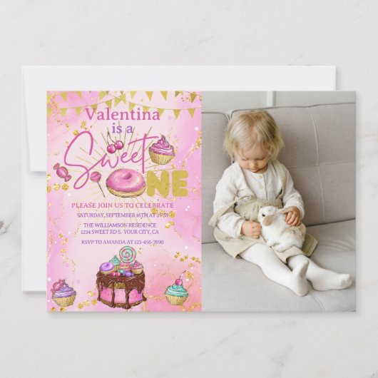 スウィートワンの誕生日ピンクのフェイクグリッター写真 招待状 (正面)
