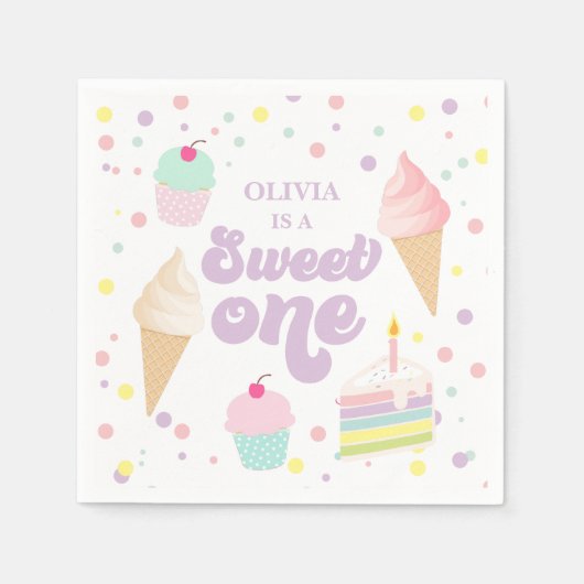 スウィートワンアイスクリームとケーキ1歳の誕生日 スタンダードカクテルナプキン (正面)
