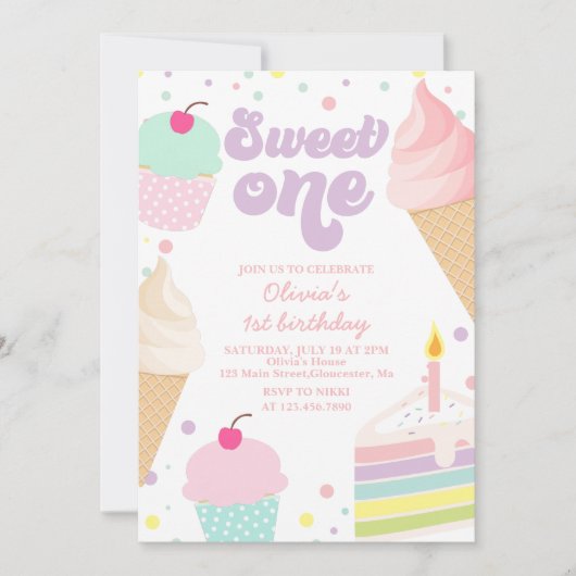スウィートワンアイスクリームとケーキ1歳の誕生日 招待状 (正面)