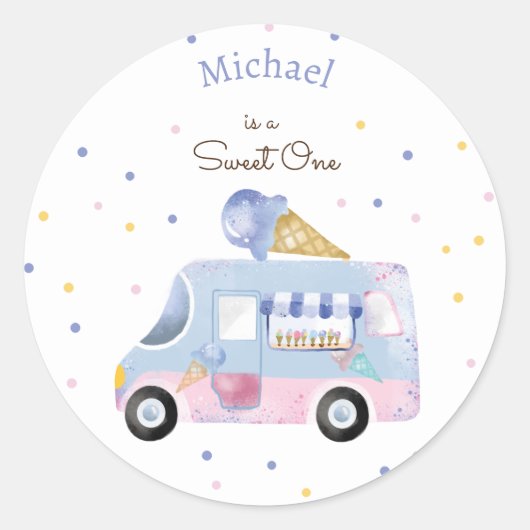 スウィートワンアイスクリームトラックの最初の誕生日 ラウンドシール (正面)