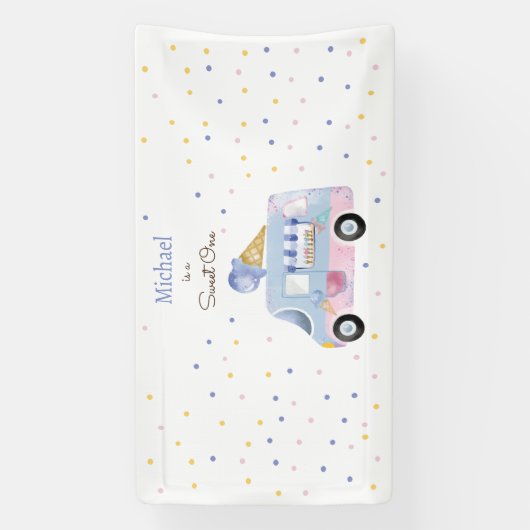 スウィートワンアイスクリームトラックの最初の誕生日 横断幕 (縦)