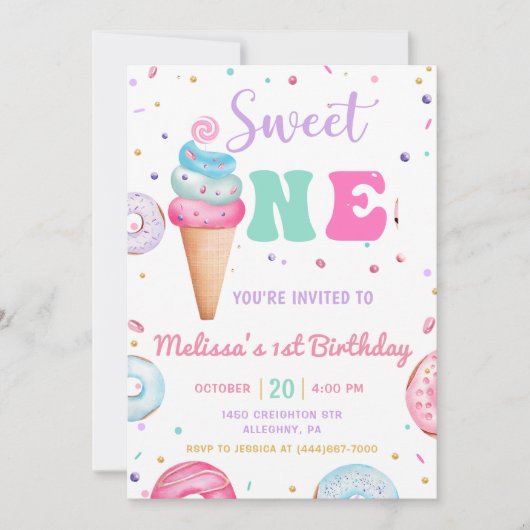 スウィートワンアイスクリームドーナツ1st誕生日 招待状 (正面)