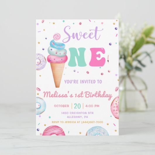 スウィートワンアイスクリームドーナツ1st誕生日 招待状 (スタンド正面)