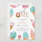 スウィートワンアイスクリームファースト誕生日パーティーガール 招待状 (正面)
