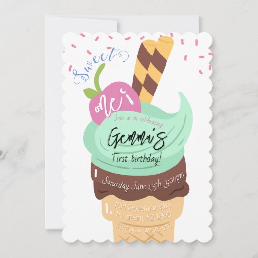スウィートワンアイスクリームファースト誕生日招待状 招待状 (正面)