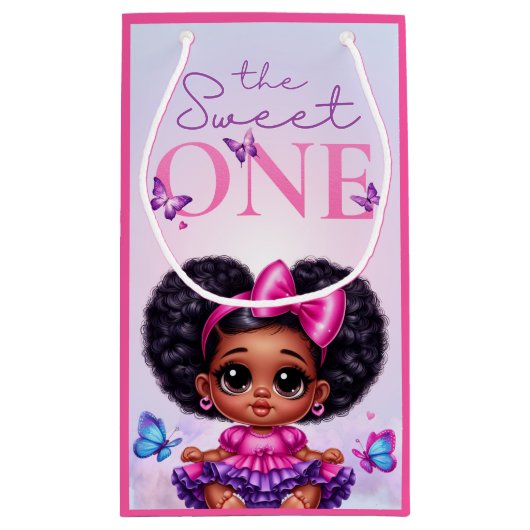 スウィートワンアフロープフベビーガールパープル1st誕生日 スモールペーパーバッグ (裏面)