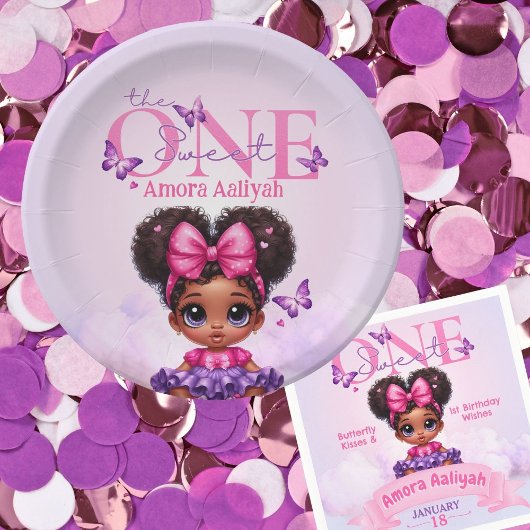 スウィートワンアフロープフベビーガールパープル1st誕生日 ペーパープレート