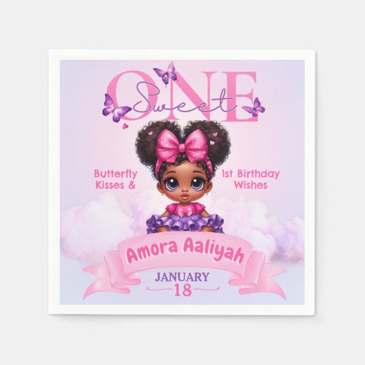 スウィートワンアフロープフベビーガール1st誕生日 スタンダードカクテルナプキン (正面)