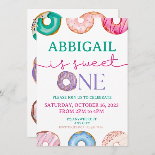 スウィートワンウォーターカラードーナツ1歳の誕生日 招待状 (正面/裏面)