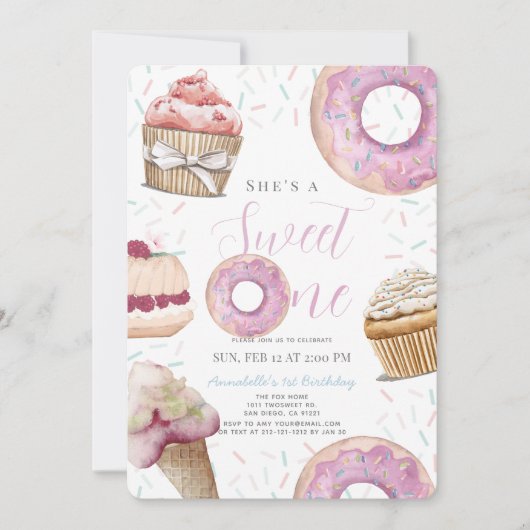 スウィートワンカップケーキ&ドーナツ女の子1st誕生日 招待状 (正面)