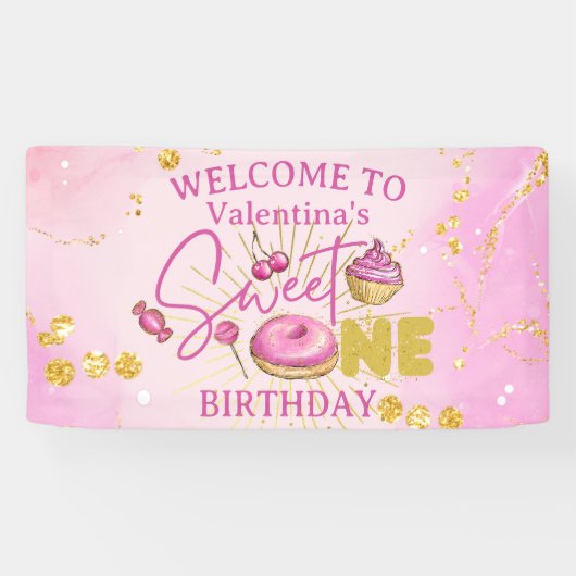 スウィートワンガールの最初の誕生日ピンクの金ゴールドデザート 横断幕 (横)