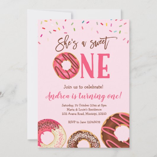 スウィートワンガールドーナツテーマの誕生日招待状 招待状 (正面)