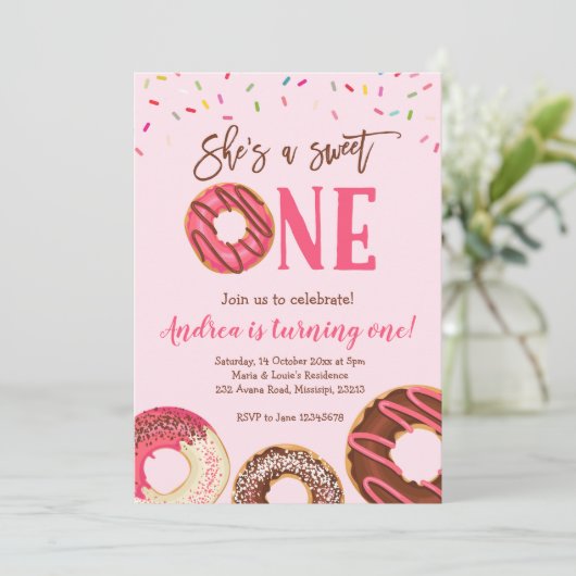 スウィートワンガールドーナツテーマの誕生日招待状 招待状 (スタンド正面)