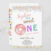 スウィートワンガールファースト誕生日ドーナツかわいい 招待状 (正面/裏面)