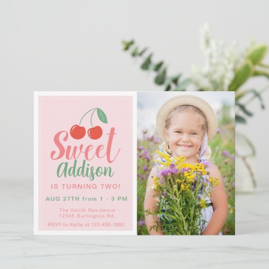 スウィートワンガール誕生日さくらんぼサマーフォト 招待状 (スタンド正面)