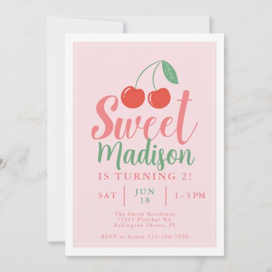 スウィートワンガール誕生日招待状さくらんぼサマー 招待状 (正面)