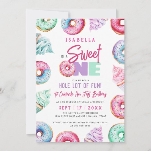 スウィートワンキュートドーナツ女の子1st誕生日パーティー 招待状 (正面)
