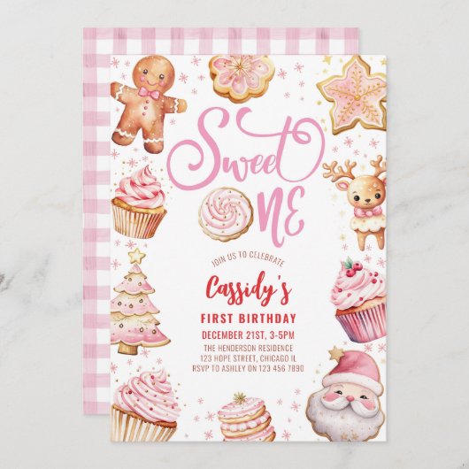 スウィートワンクリスマスクッキーガール1st誕生日パーティー 招待状 (正面/裏面)
