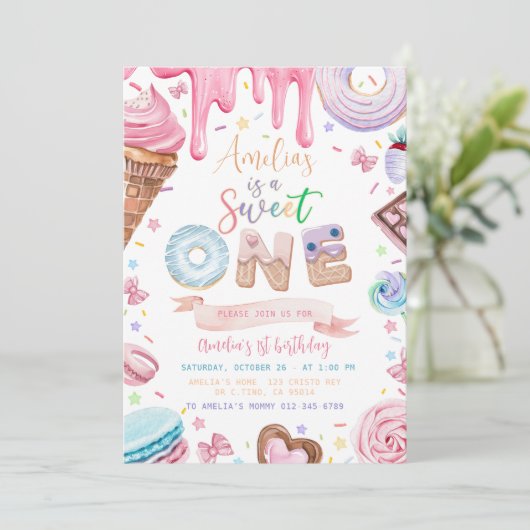 スウィートワンスイーツデザートドーナットキャンディ誕生日 招待状 (スタンド正面)