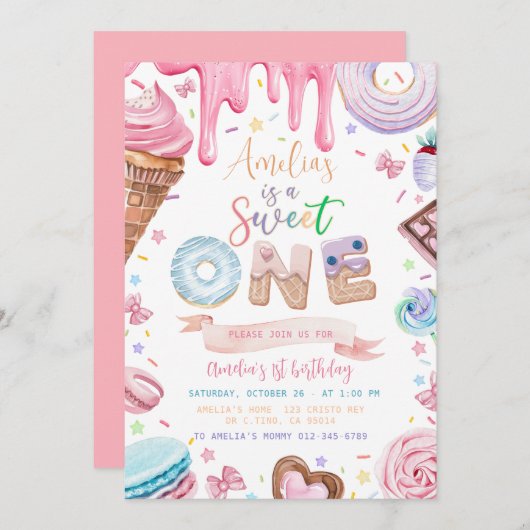 スウィートワンスイーツデザートドーナットキャンディ誕生日 招待状 (正面/裏面)