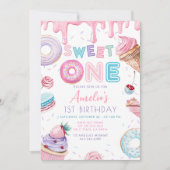 スウィートワンスイーツデザートドーナットキャンディ誕生日 招待状 (正面)