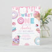 スウィートワンスイーツデザートドーナットキャンディ誕生日 招待状 (スタンド正面)